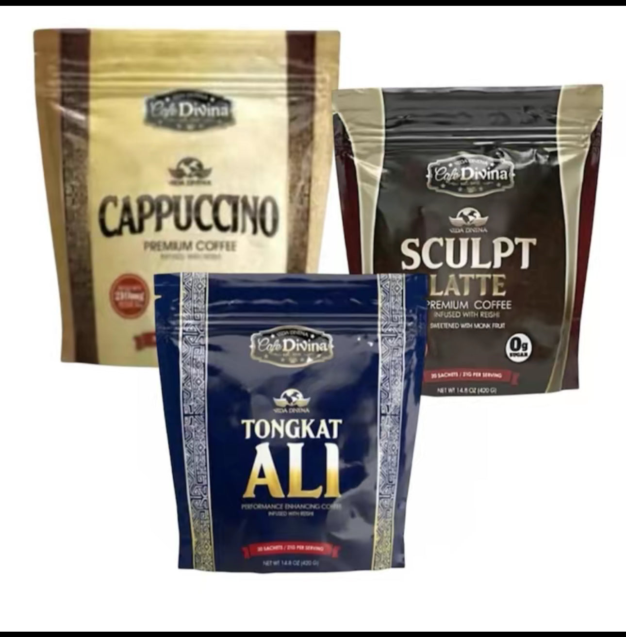 Combo de Cafés Vida Divina – Cappuccino + Sculpt Latte + Tongkat Ali